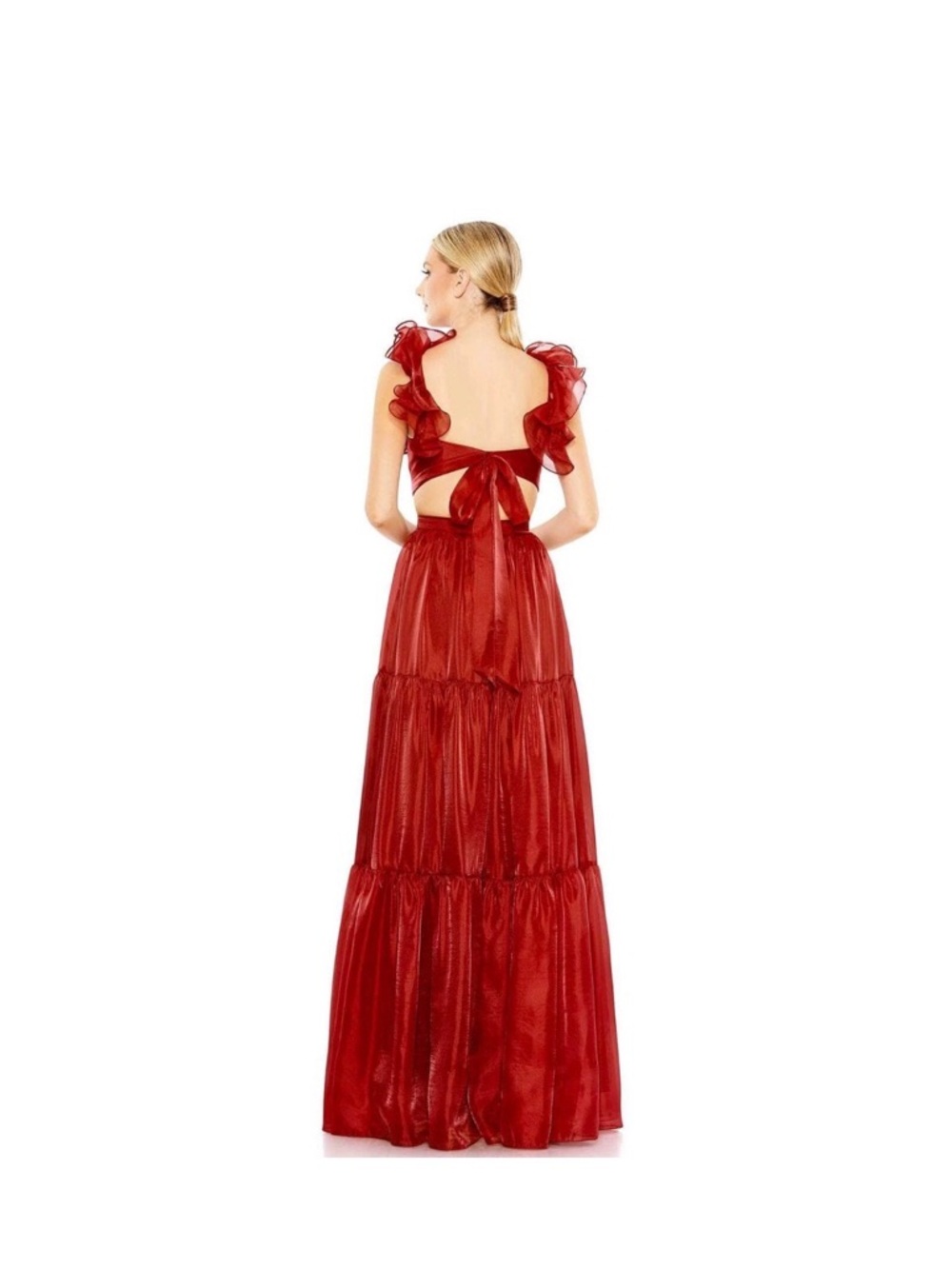 Mac Duggal RUFFLED SHOULDER CUT OUT SOFT TIE BACK TIERED GOWN size 6 - Picture 10 of 10